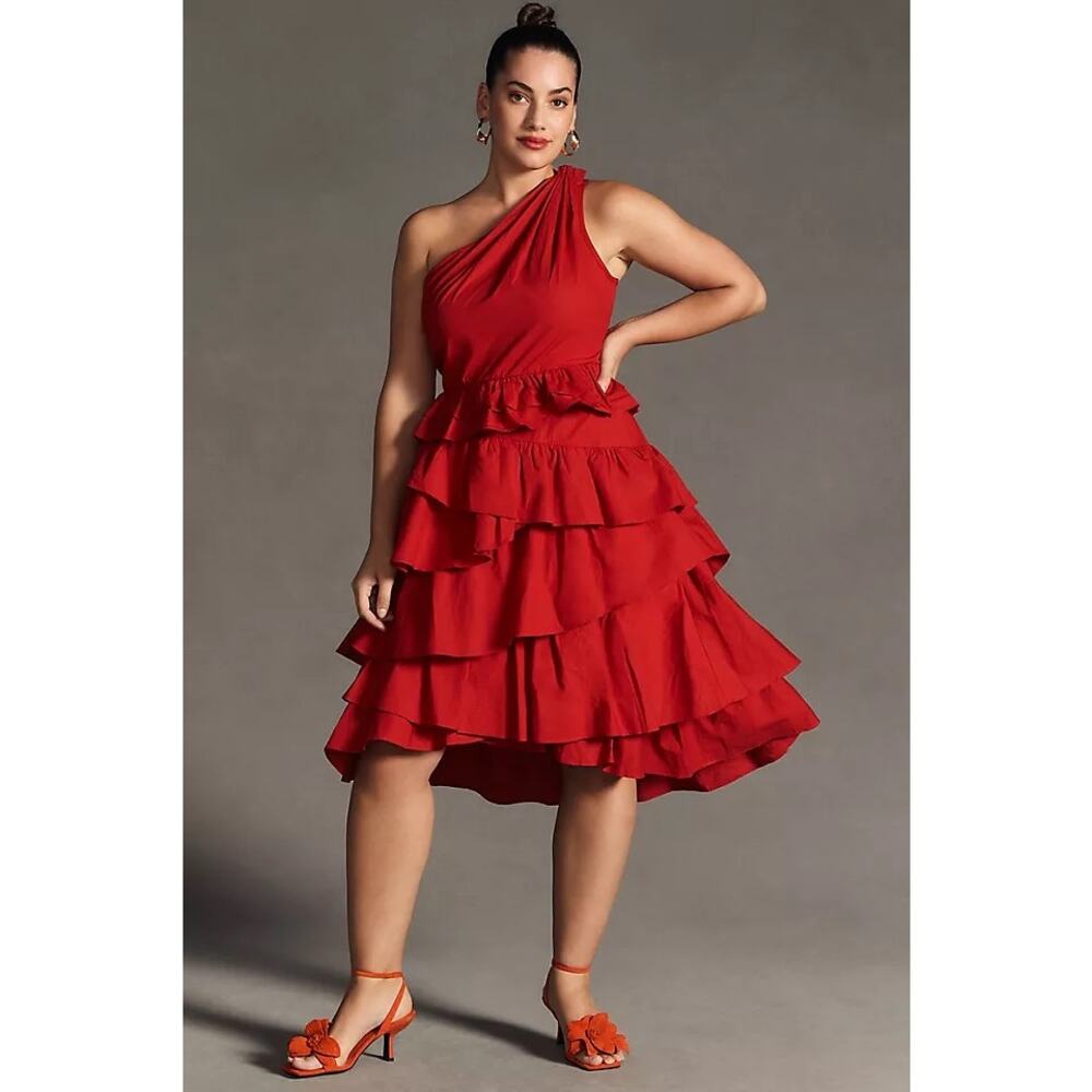 Anthropologie Red One-Shoulder Tiered Midi Dress
